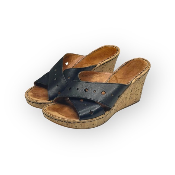 Born® 𖤐 Cross Font Laser Cut Cork Wedge Heel Sandals 𖤐 Black Leather 𖤐 6 36.5 - Picture 8 of 16